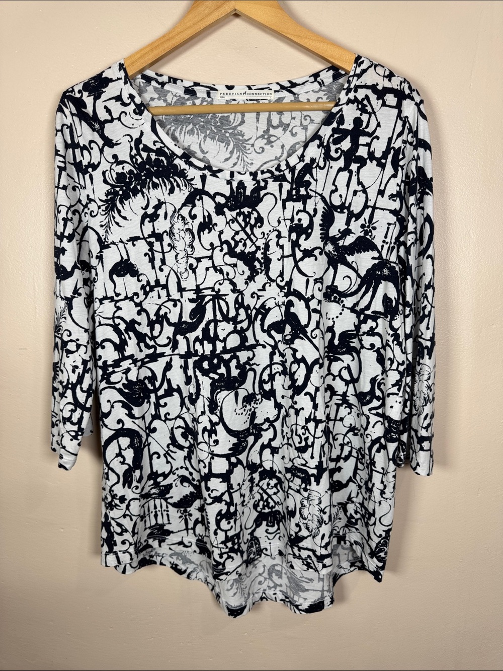 Peruvian Connection Womens Long Sleeve Top L Pima Cotton Stretch Abstract Casual